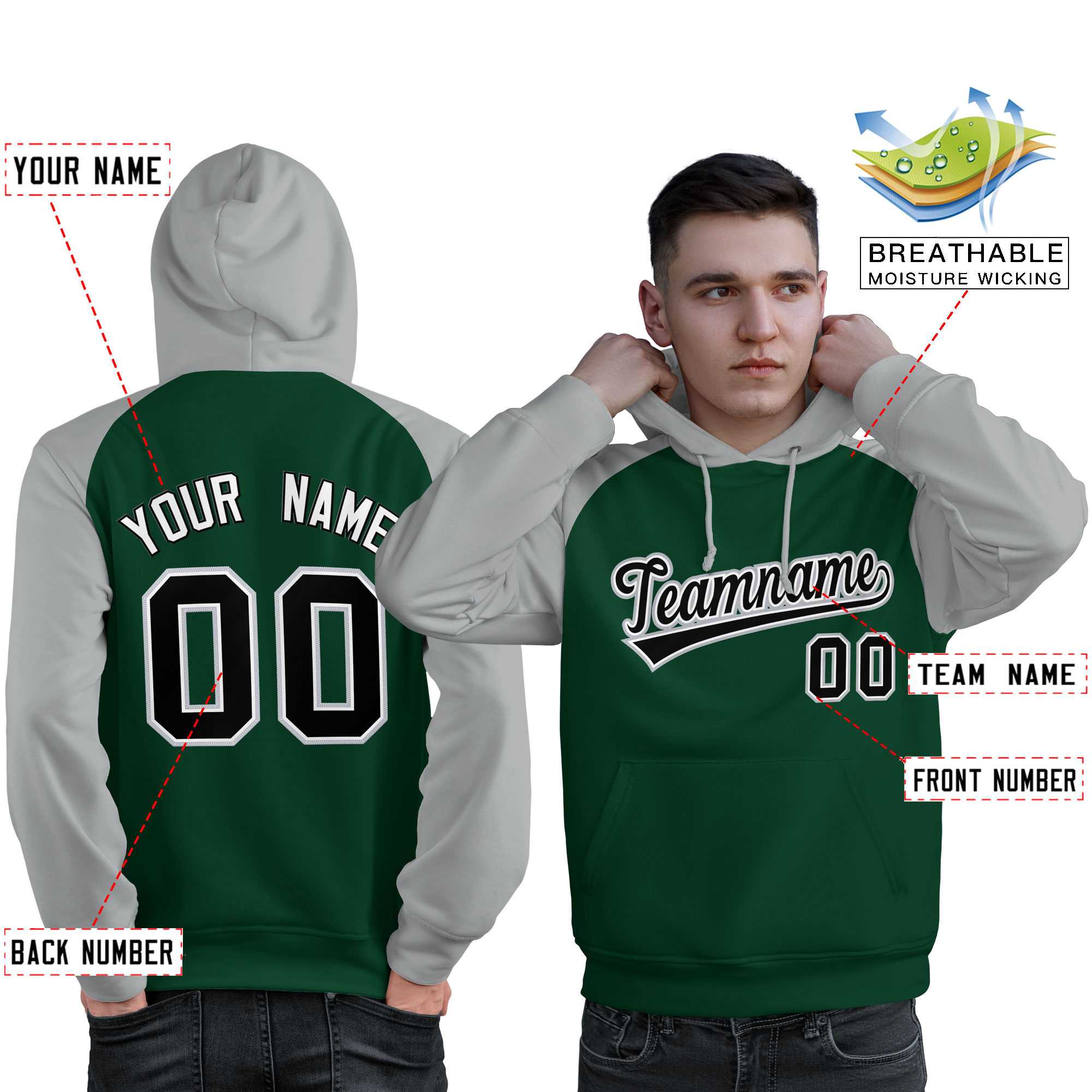 Custom Stitched Green Gray-Black Raglan Sleeves Sports Pullover Sweatshirt Hoodie For Men