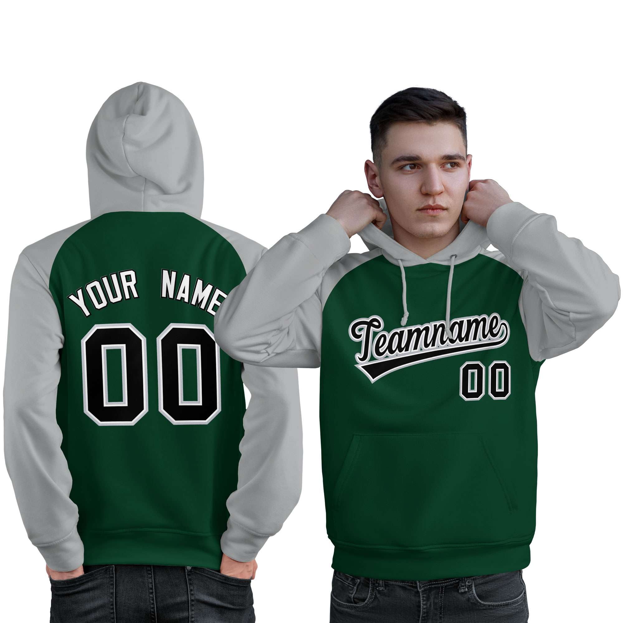 Custom Stitched Green Gray-Black Raglan Sleeves Sports Pullover Sweatshirt Hoodie For Men