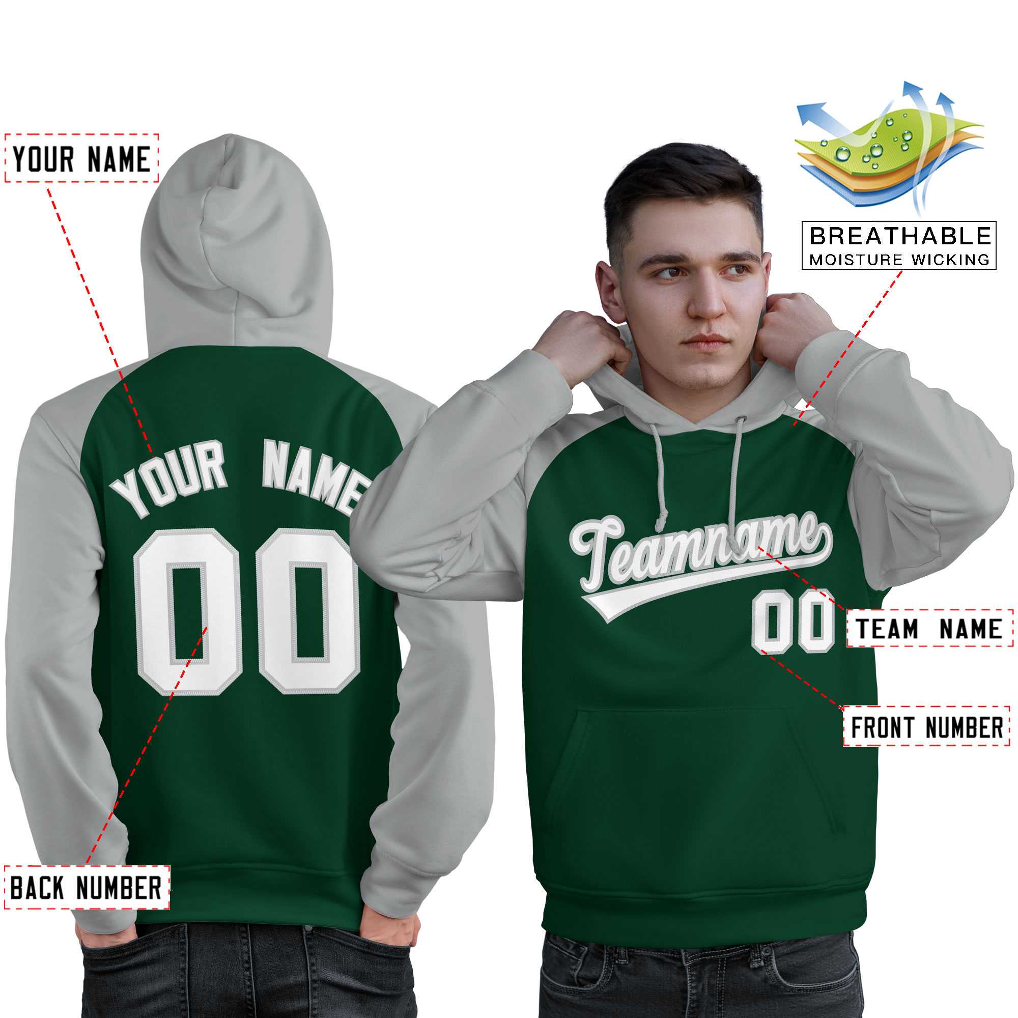 Custom Stitched Green Gray-White Raglan Sleeves Sports Pullover Sweatshirt Hoodie For Men