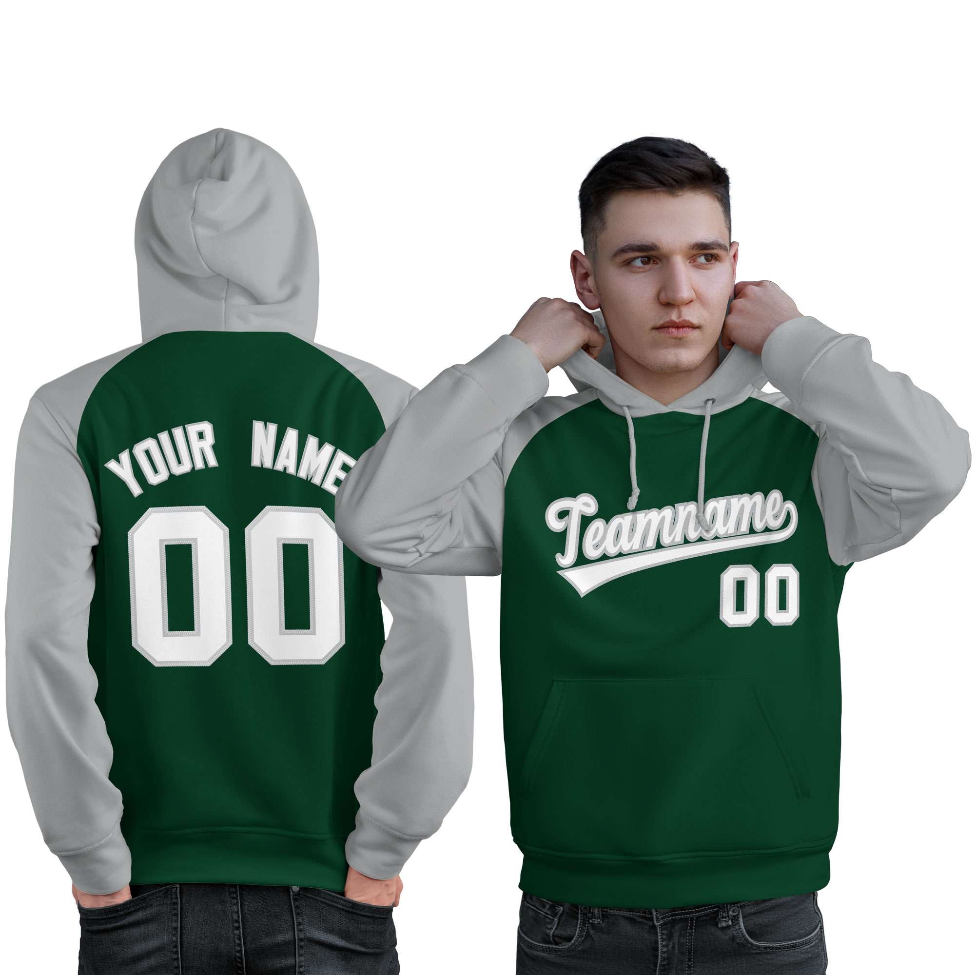 Custom Stitched Green Gray-White Raglan Sleeves Sports Pullover Sweatshirt Hoodie For Men