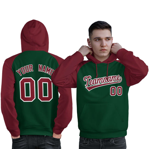 Custom Stitched Green Crimson Raglan Sleeves Sports Pullover Sweatshirt Hoodie For Men