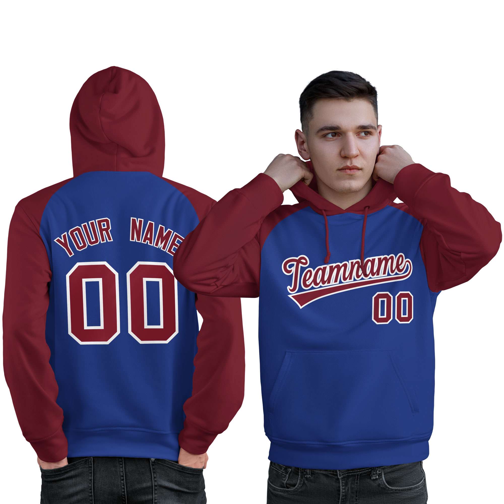 Custom Stitched Royal Crimson Raglan Sleeves Sports Pullover Sweatshirt Hoodie For Men