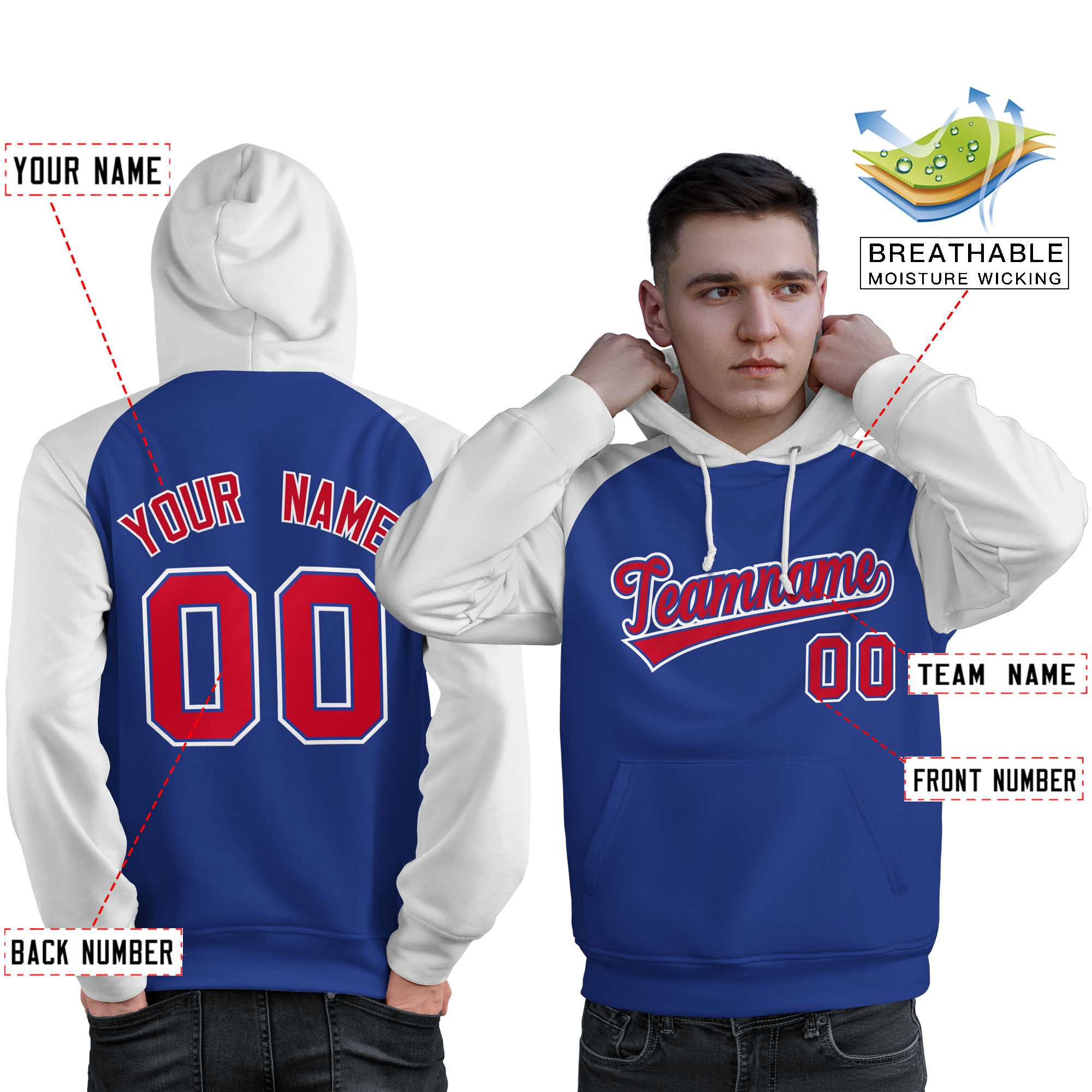 Custom Stitched Royal White-Red Raglan Sleeves Sports Pullover Sweatshirt Hoodie For Men