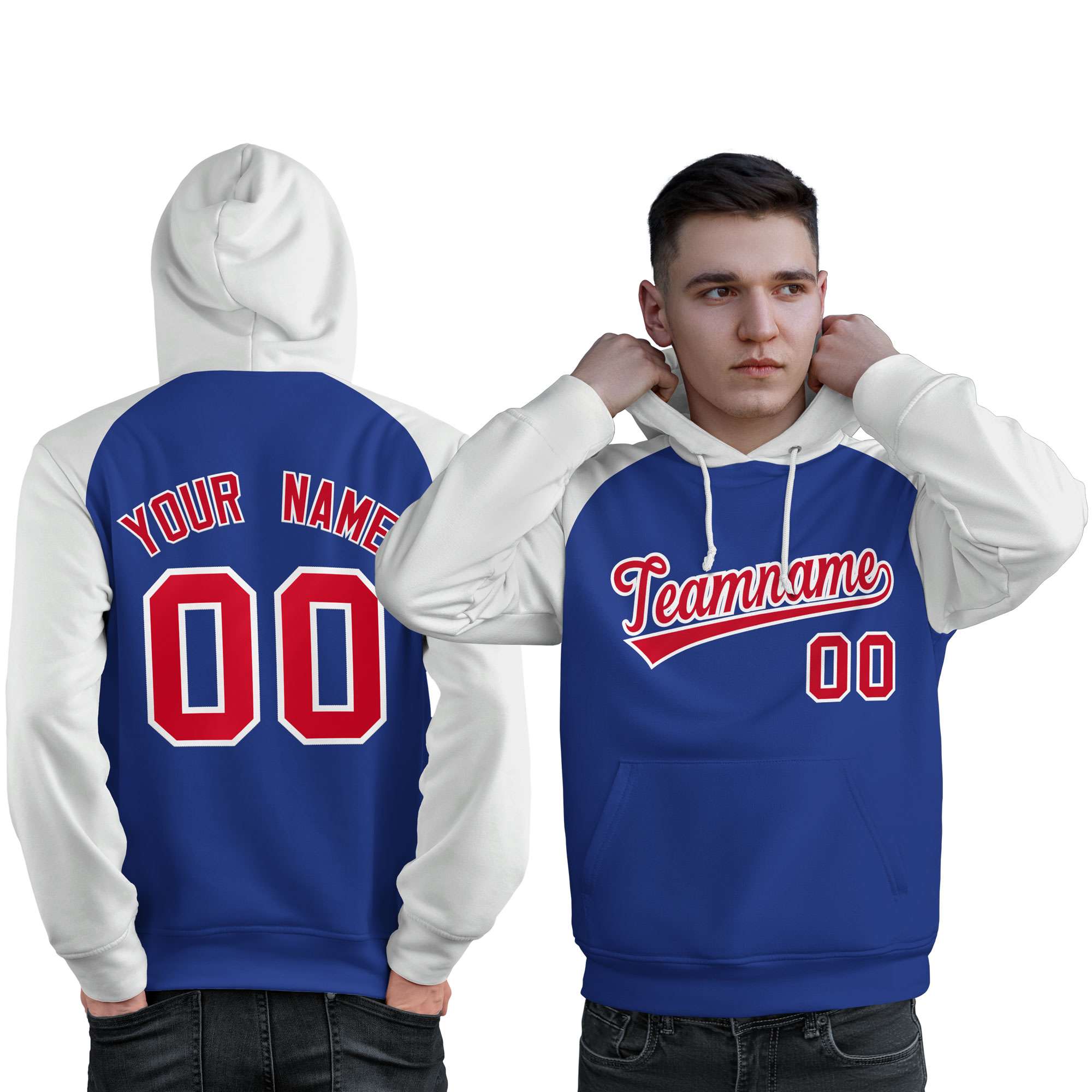 Custom Stitched Royal White-Red Raglan Sleeves Sports Pullover Sweatshirt Hoodie For Men