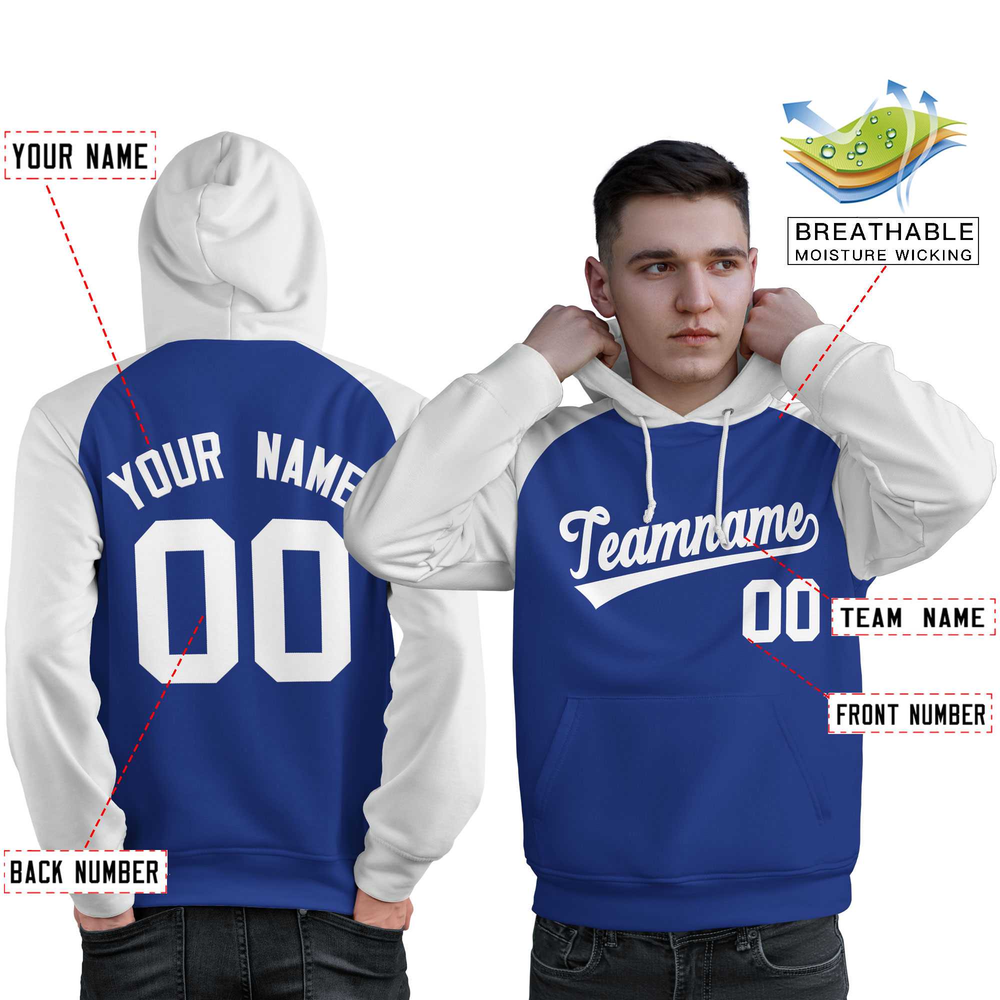 Custom Stitched Royal White Raglan Sleeves Sports Pullover Sweatshirt Hoodie For Men