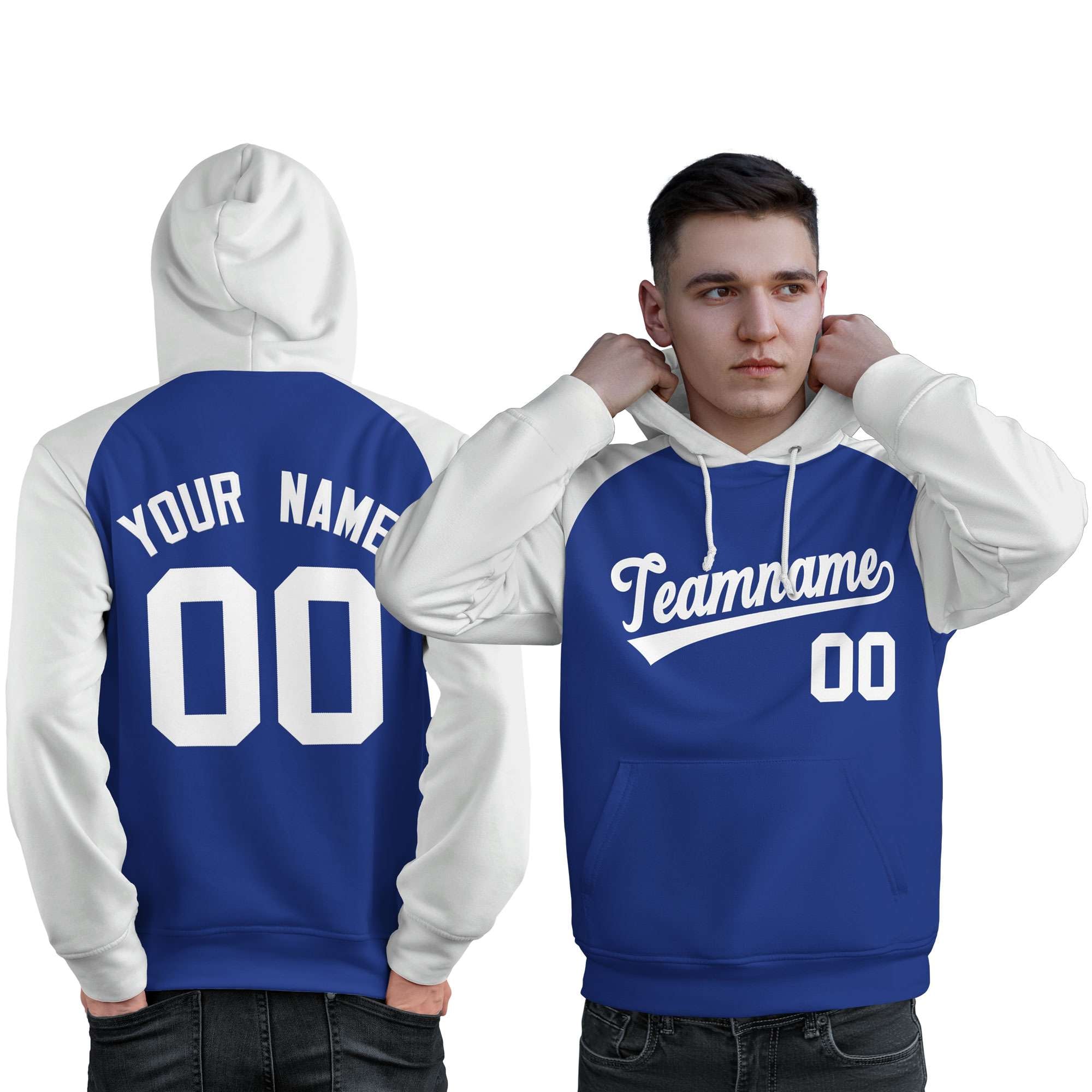 Custom Stitched Royal White Raglan Sleeves Sports Pullover Sweatshirt Hoodie For Men