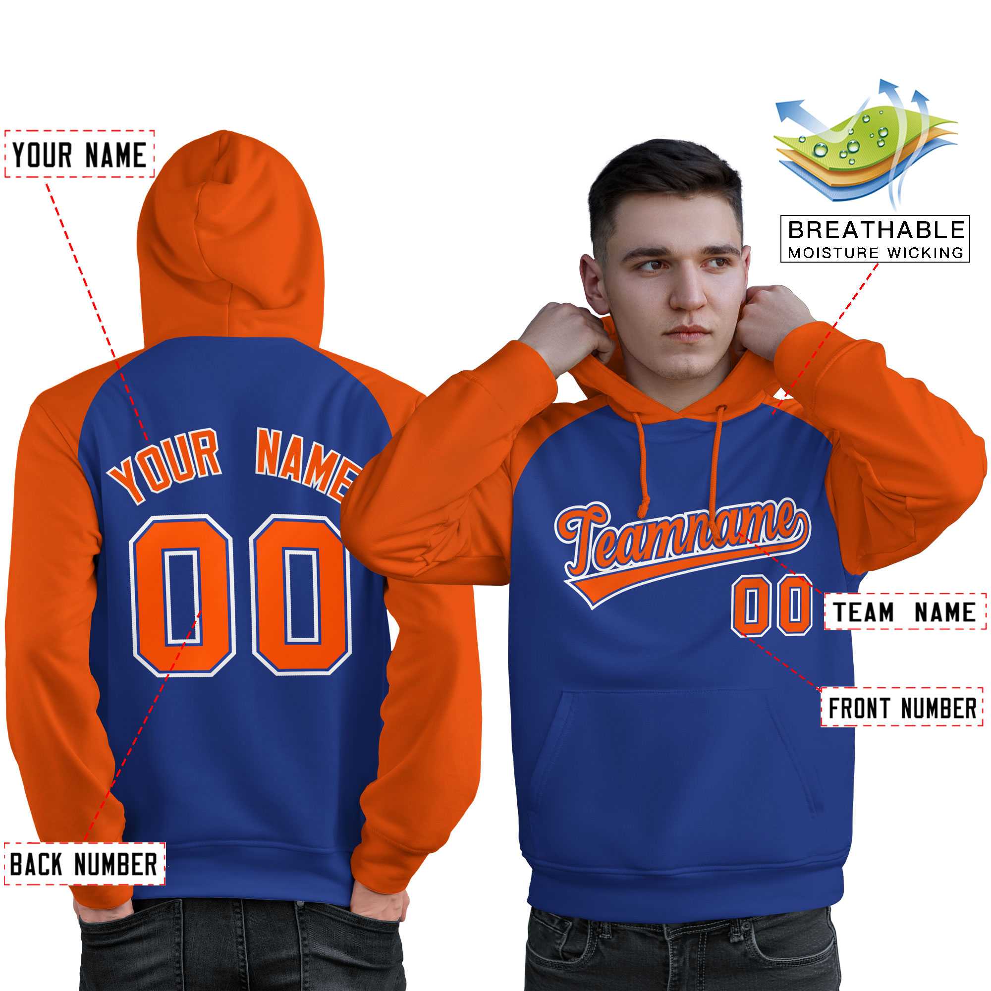 Custom Stitched Royal Orange Raglan Sleeves Sports Pullover Sweatshirt Hoodie For Men