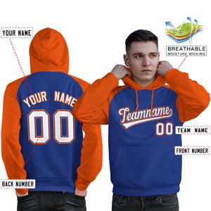 Custom Stitched Royal Orange-White Raglan Sleeves Sports Pullover Sweatshirt Hoodie For Men