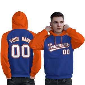 Custom Stitched Royal Orange-White Raglan Sleeves Sports Pullover Sweatshirt Hoodie For Men