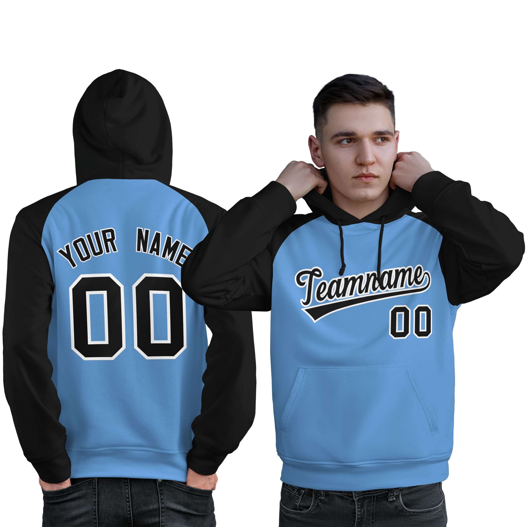 Custom Stitched Powder Blue Black Raglan Sleeves Sports Pullover Sweatshirt Hoodie For Men