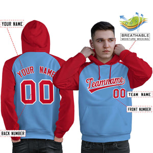 Custom Stitched Powder Blue Red Raglan Sleeves Sports Pullover Sweatshirt Hoodie For Men