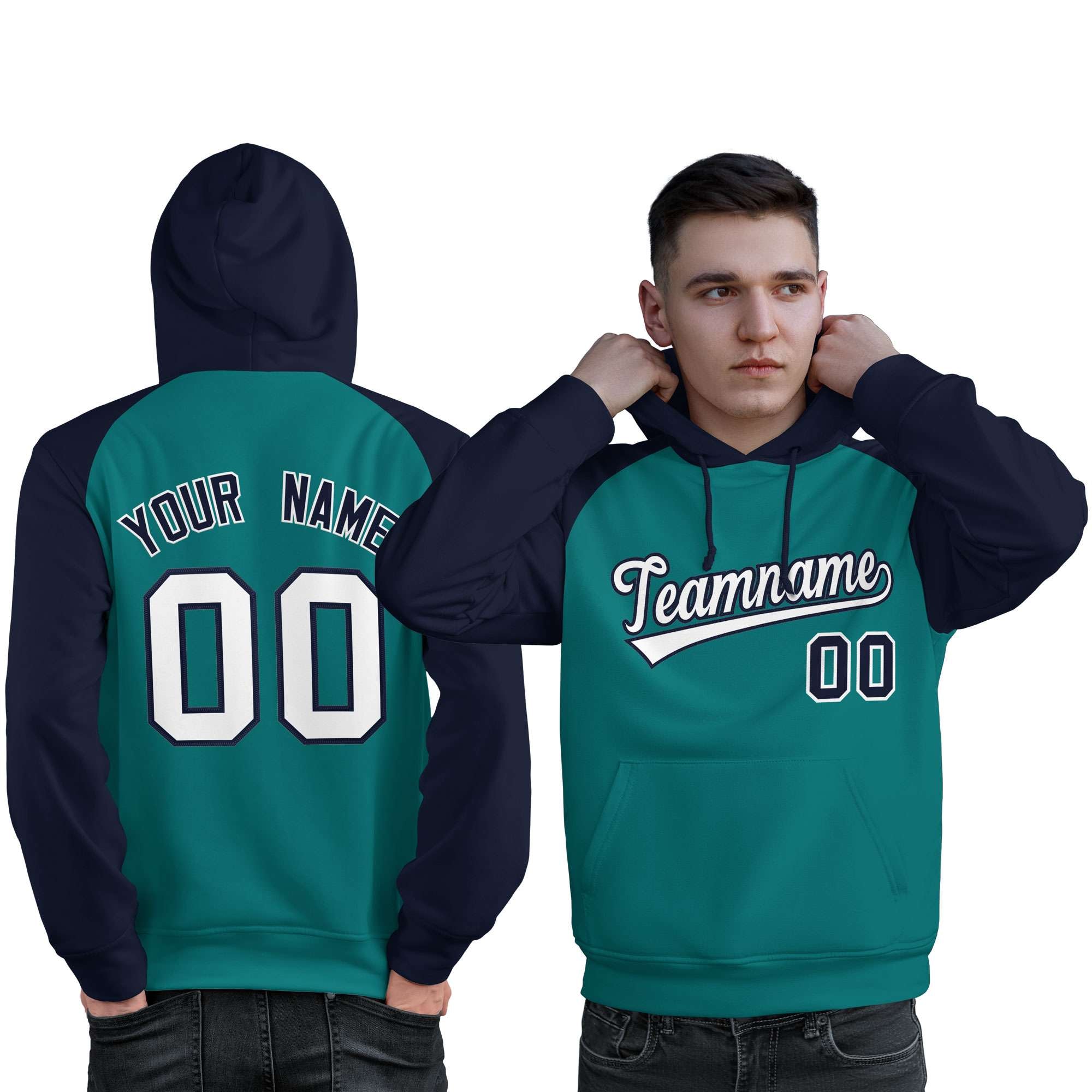 Custom Stitched Aqua Navy-White Raglan Sleeves Sports Pullover Sweatshirt Hoodie For Men