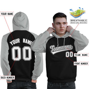 Custom Stitched Black Gray-White Raglan Sleeves Sports Pullover Sweatshirt Hoodie For Men