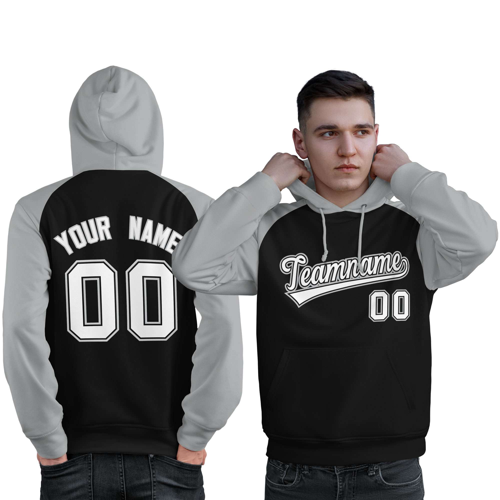 Custom Stitched Black Gray-White Raglan Sleeves Sports Pullover Sweatshirt Hoodie For Men