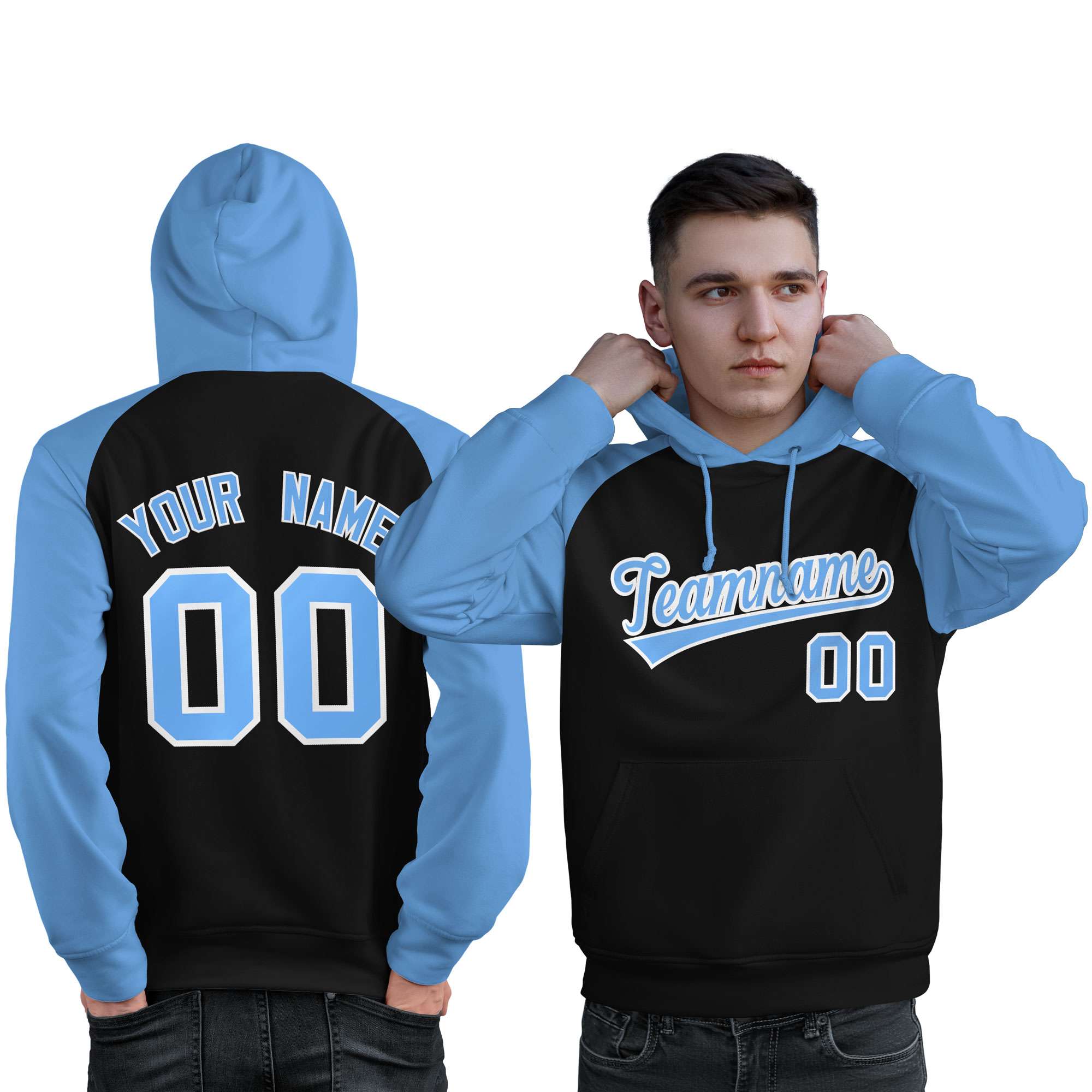 Custom Stitched Black Powder Blue Raglan Sleeves Sports Pullover Sweatshirt Hoodie For Men