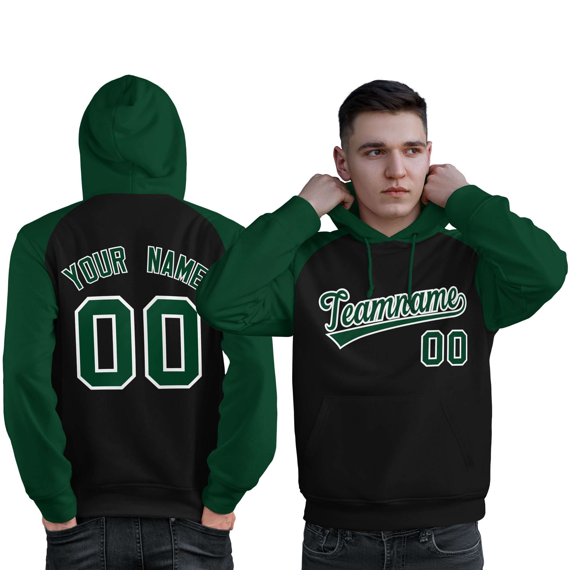 Custom Stitched Black Green Raglan Sleeves Sports Pullover Sweatshirt Hoodie For Men