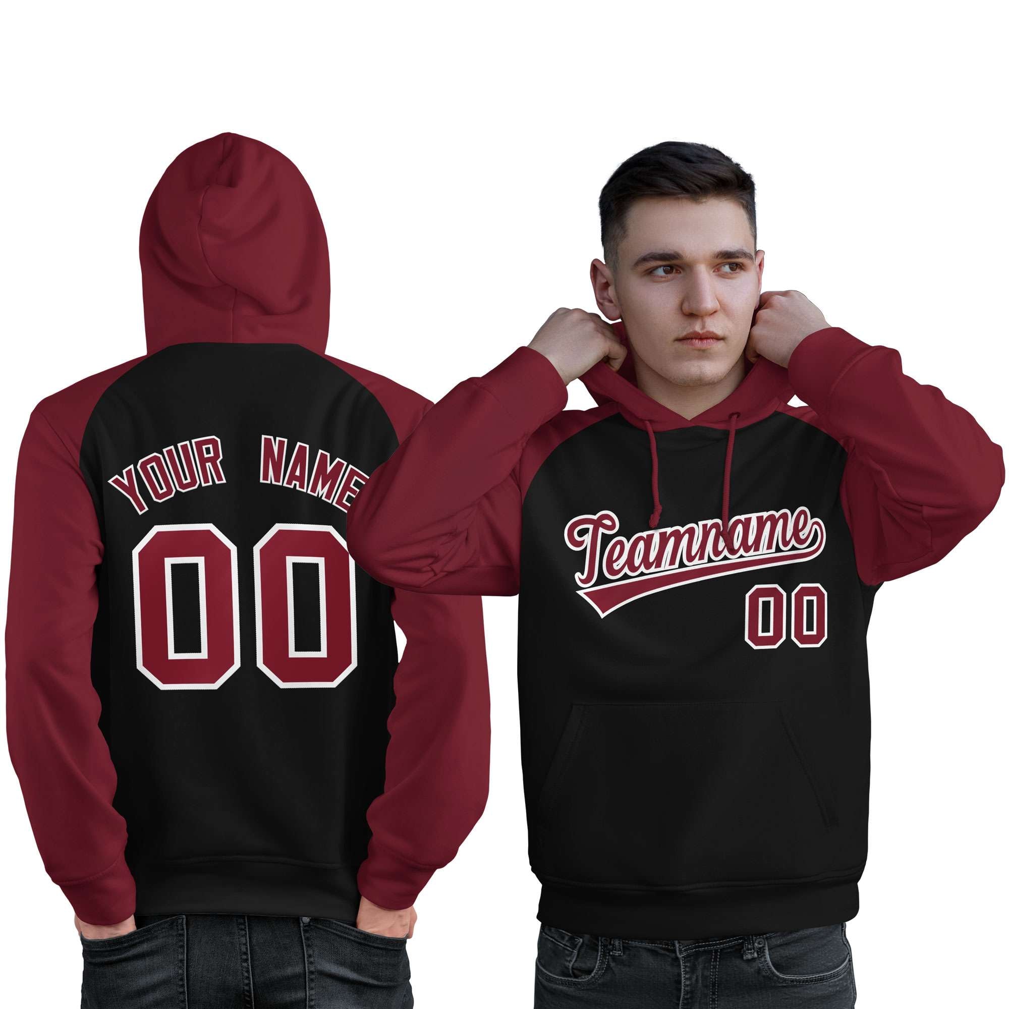 Custom Stitched Black Crimson Raglan Sleeves Sports Pullover Sweatshirt Hoodie For Men