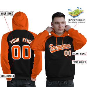 Custom Stitched Black Orange Raglan Sleeves Sports Pullover Sweatshirt Hoodie For Men