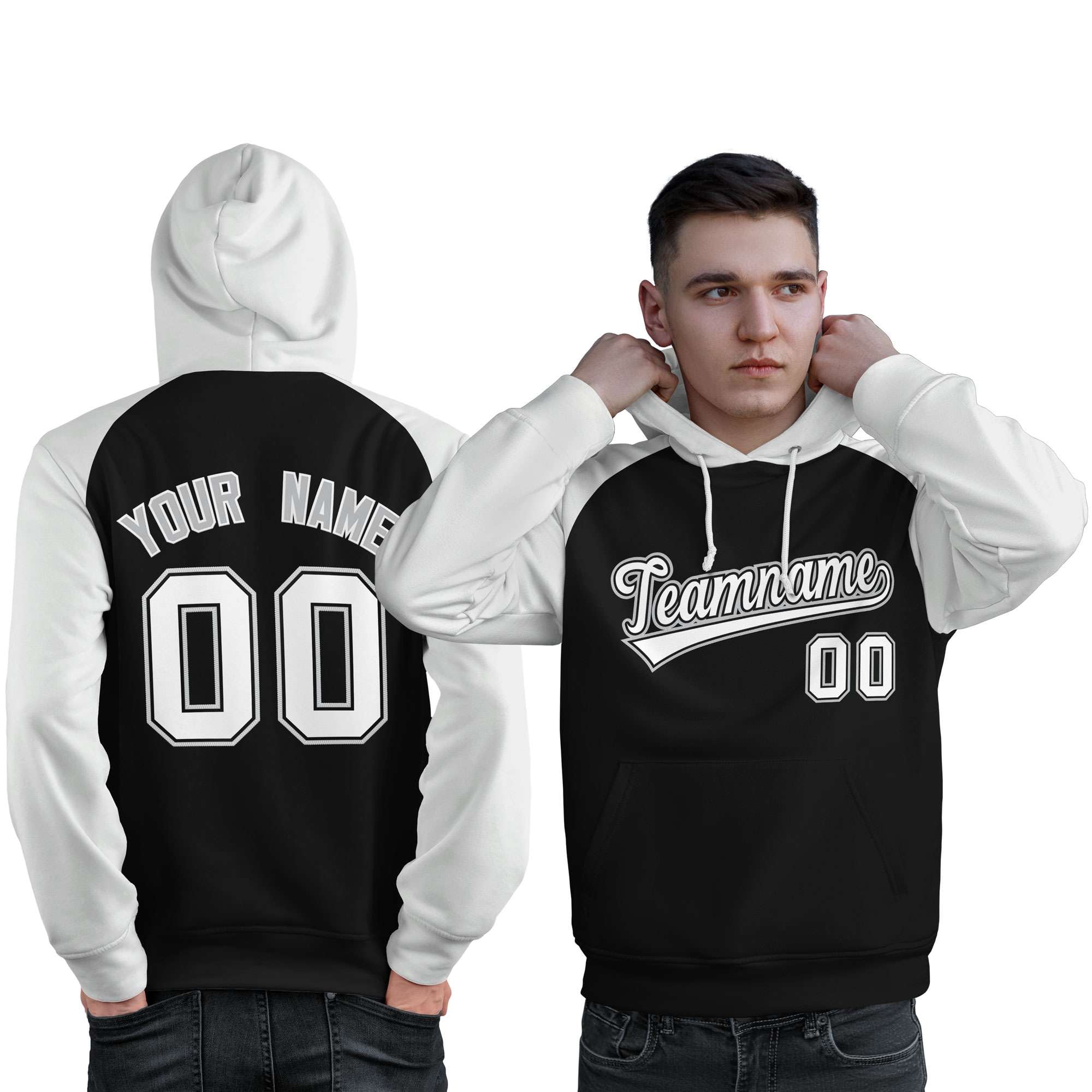 Custom Stitched Black White Raglan Sleeves Sports Pullover Sweatshirt Hoodie For Men