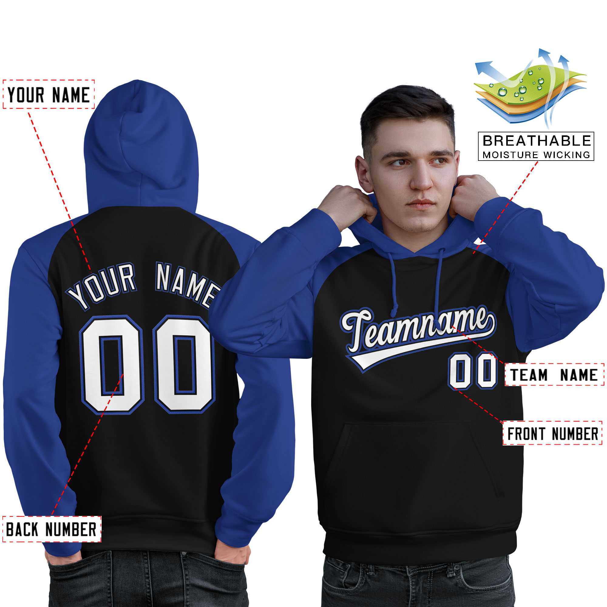 Custom Stitched Black Royal-White Raglan Sleeves Sports Pullover Sweatshirt Hoodie For Men