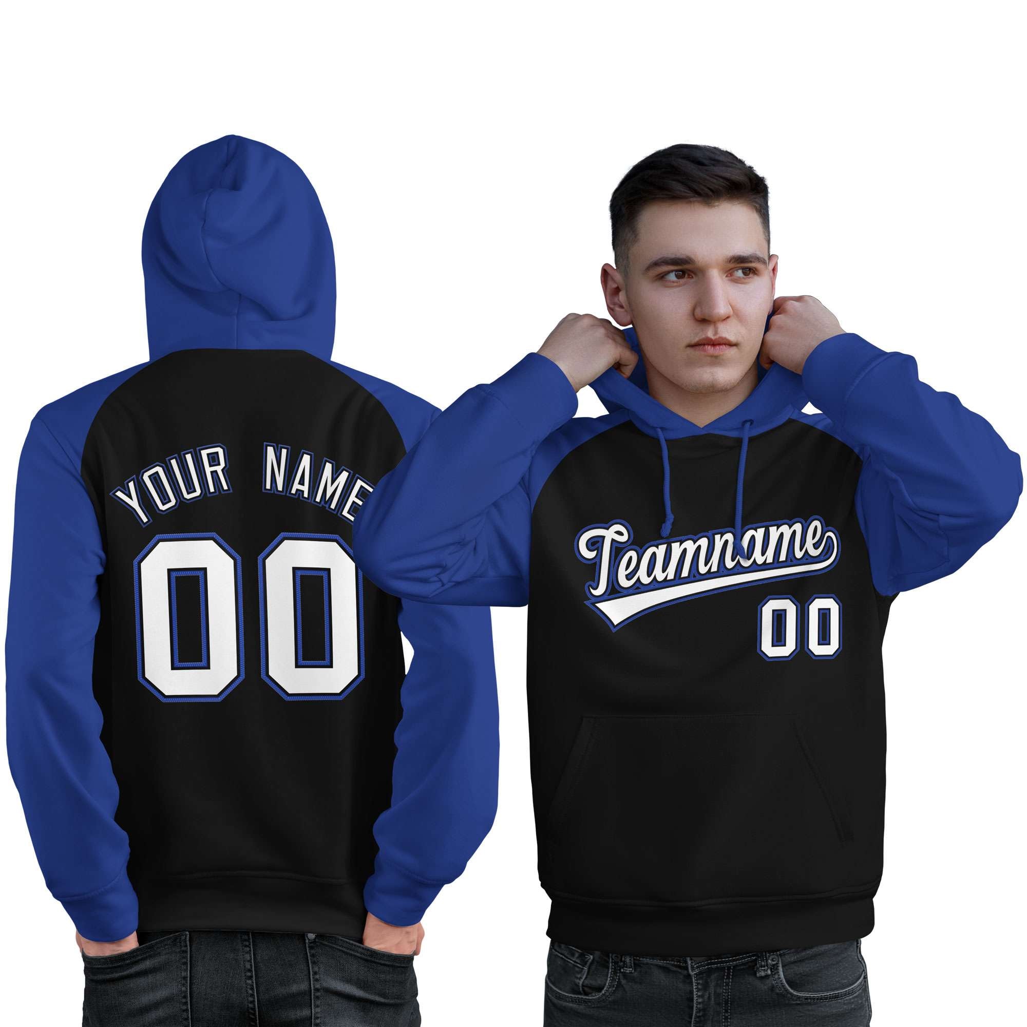 Custom Stitched Black Royal-White Raglan Sleeves Sports Pullover Sweatshirt Hoodie For Men