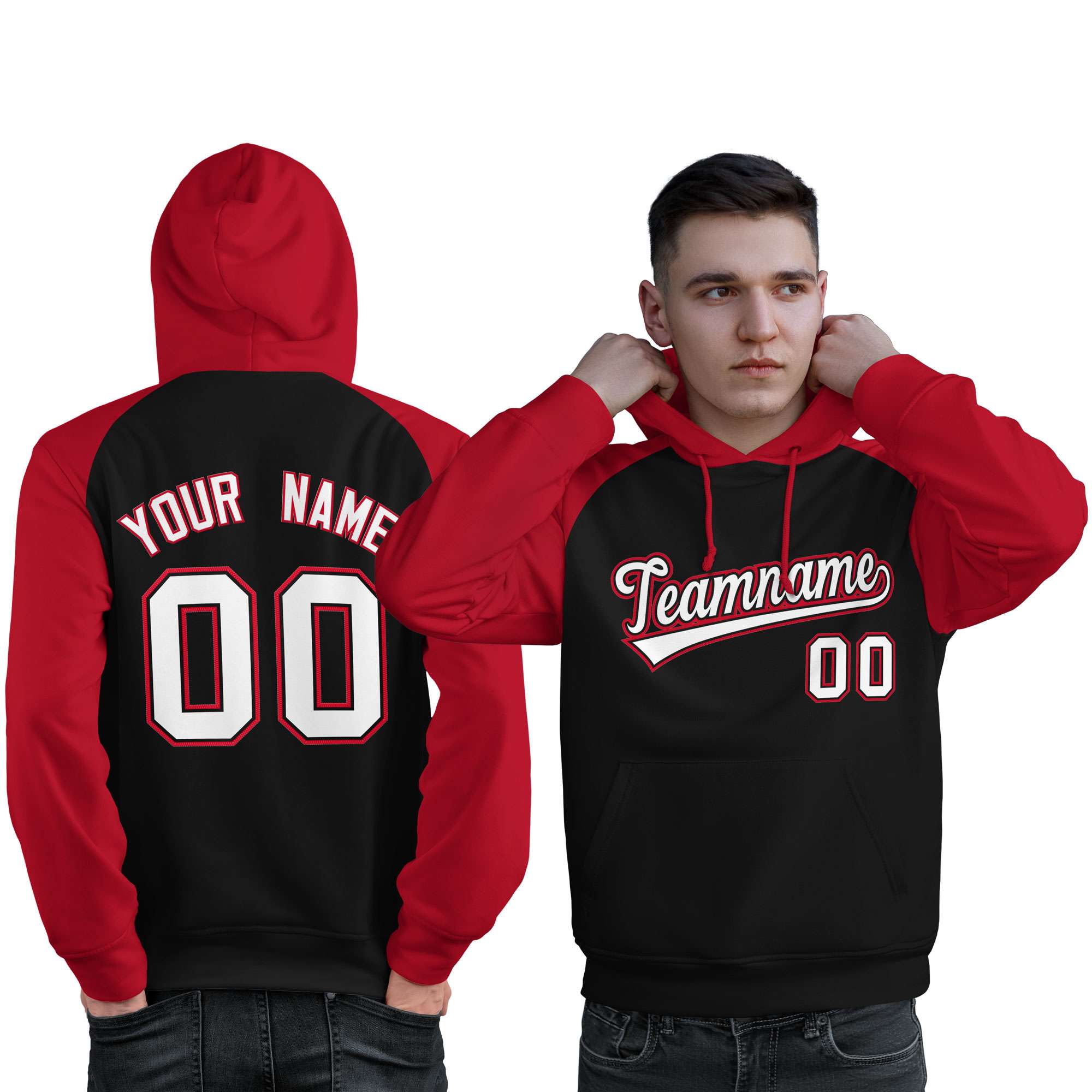 Custom Stitched Black Red-White Raglan Sleeves Sports Pullover Sweatshirt Hoodie For Men