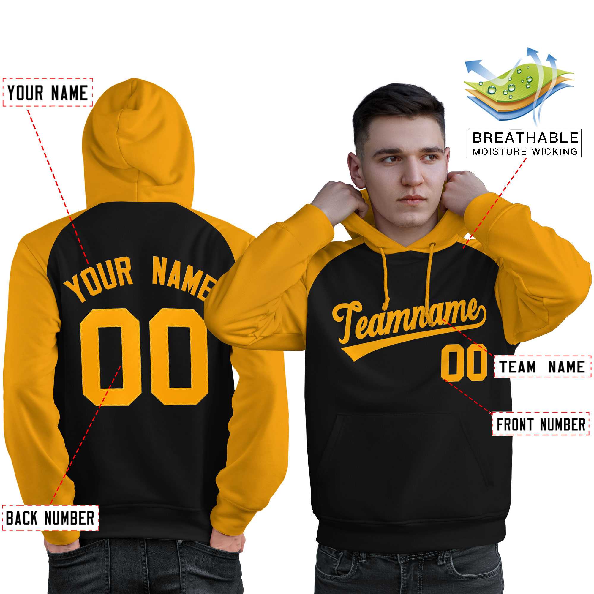 Custom Stitched Black Gold Raglan Sleeves Sports Pullover Sweatshirt Hoodie For Men