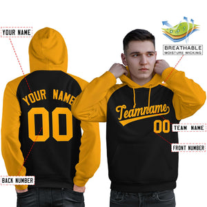 Custom Stitched Black Gold Raglan Sleeves Sports Pullover Sweatshirt Hoodie For Men