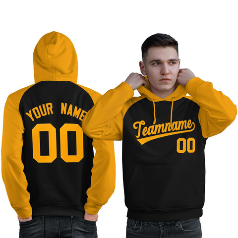 Custom Stitched Black Gold Raglan Sleeves Sports Pullover Sweatshirt Hoodie For Men