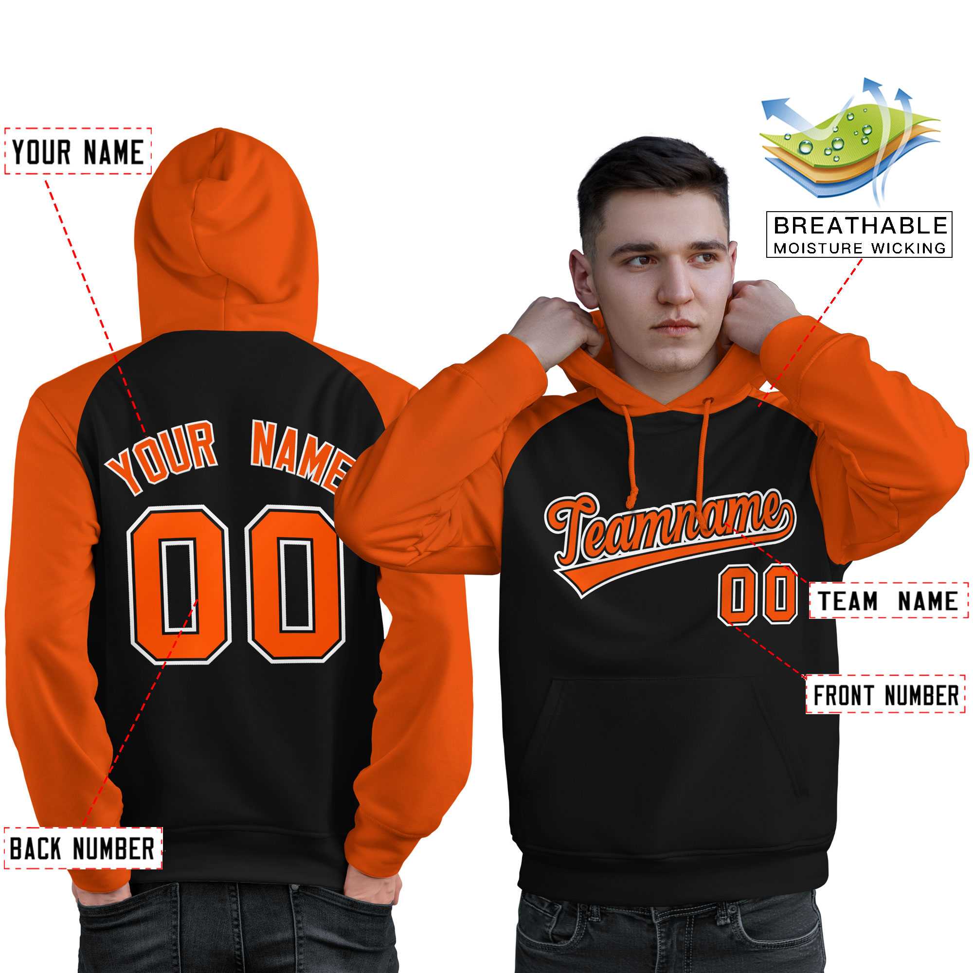 Custom Stitched Black Orange Raglan Sleeves Sports Pullover Sweatshirt Hoodie For Men