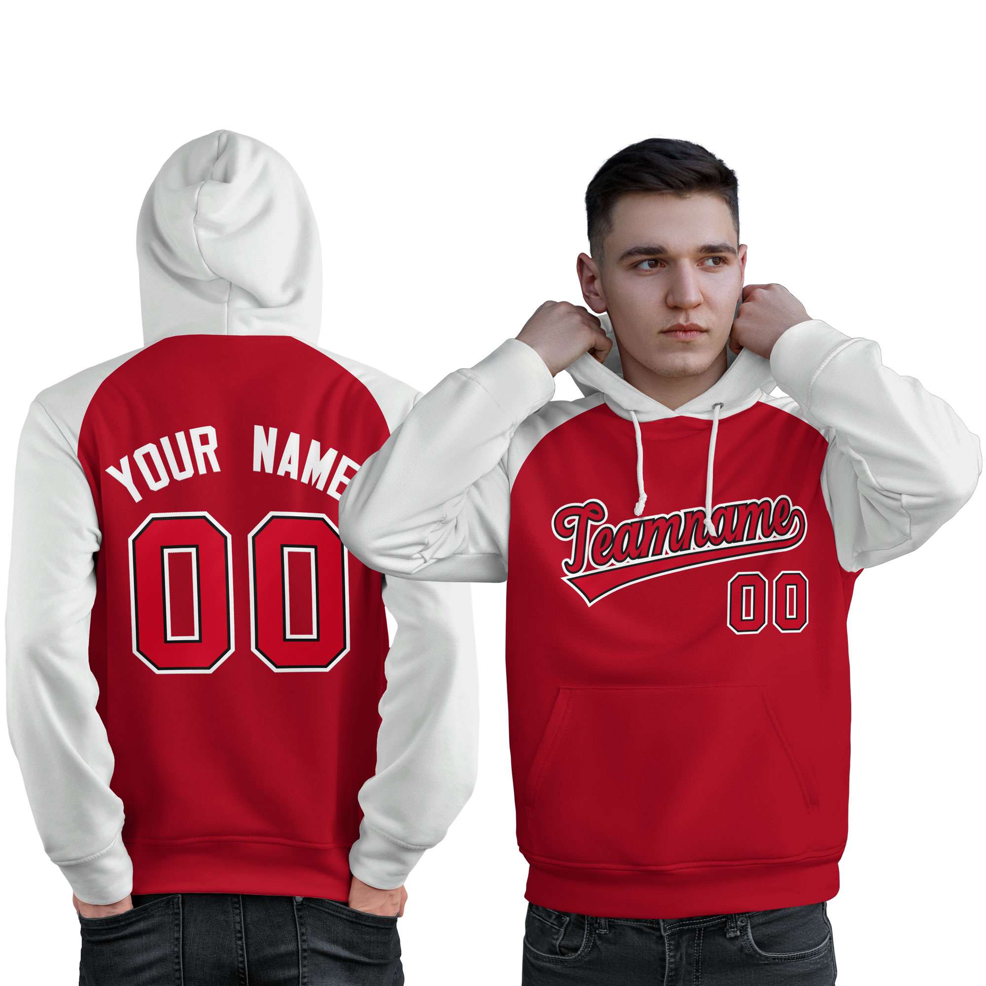 Custom Stitched Red White Raglan Sleeves Sports Pullover Sweatshirt Hoodie For Men