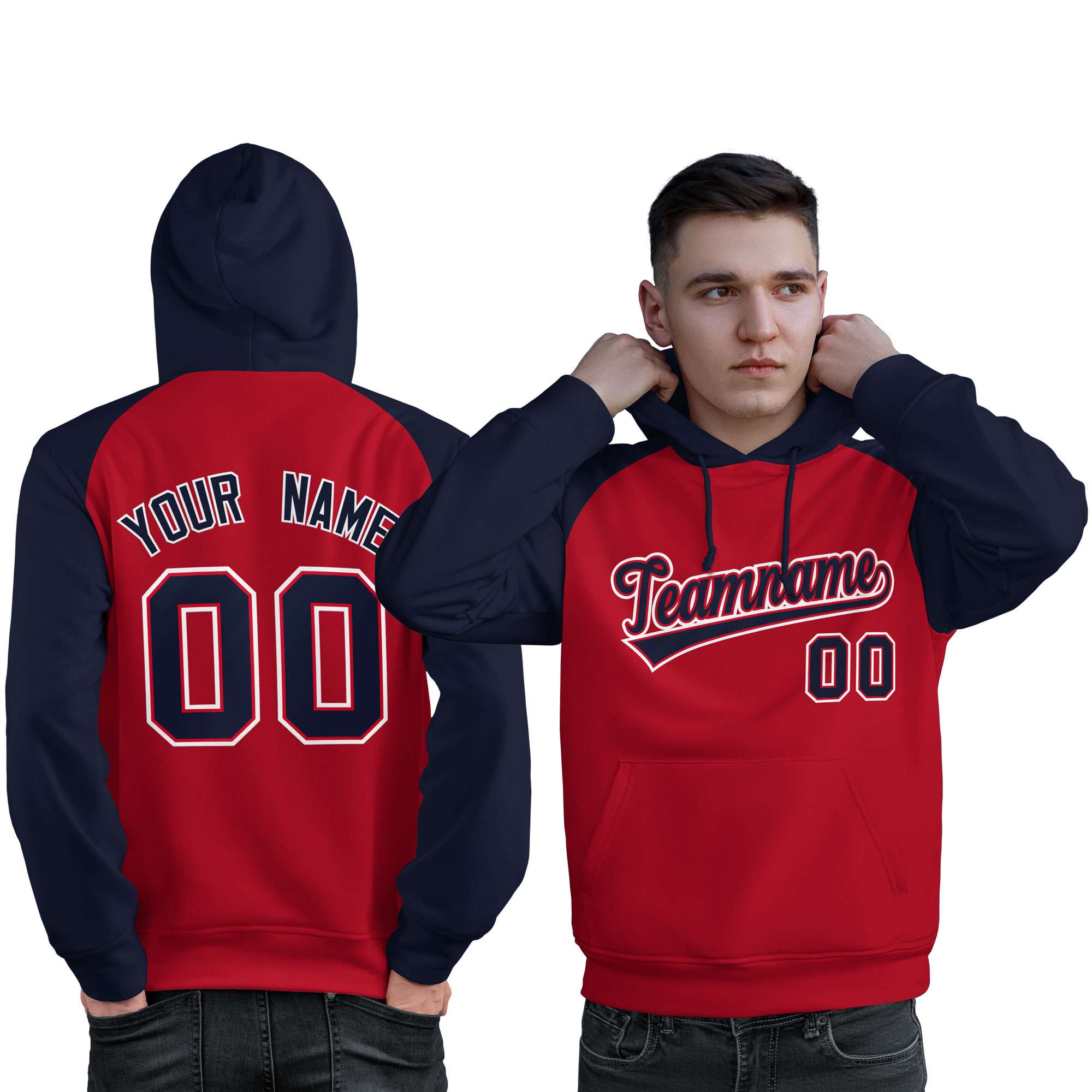 Custom Stitched Red Navy Raglan Sleeves Sports Pullover Sweatshirt Hoodie For Men