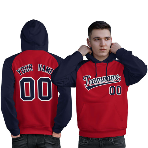 Custom Stitched Red Navy Raglan Sleeves Sports Pullover Sweatshirt Hoodie For Men