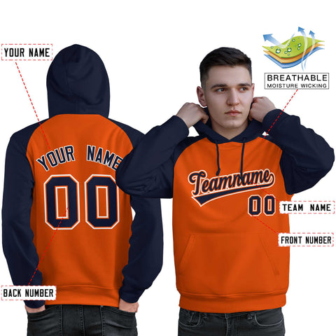 Custom Stitched Orange Navy Raglan Sleeves Sports Pullover Sweatshirt Hoodie For Men