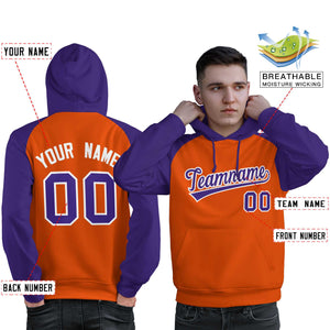 Custom Stitched Orange Purple Raglan Sleeves Sports Pullover Sweatshirt Hoodie For Men