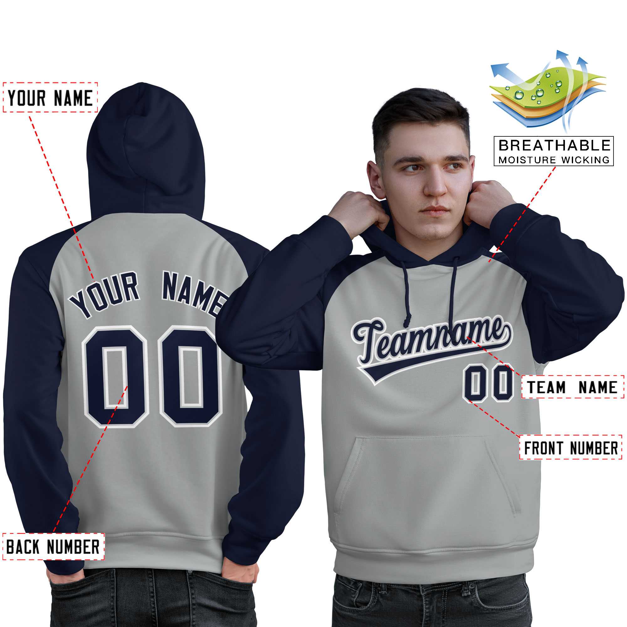 Custom Stitched Gray Navy Raglan Sleeves Sports Pullover Sweatshirt Hoodie For Men