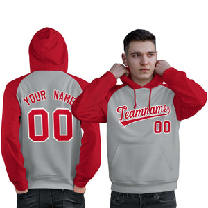 Custom Stitched Gray Red Raglan Sleeves Sports Pullover Sweatshirt Hoodie For Men