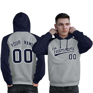 Custom Stitched Gray Navy Raglan Sleeves Sports Pullover Sweatshirt Hoodie For Men