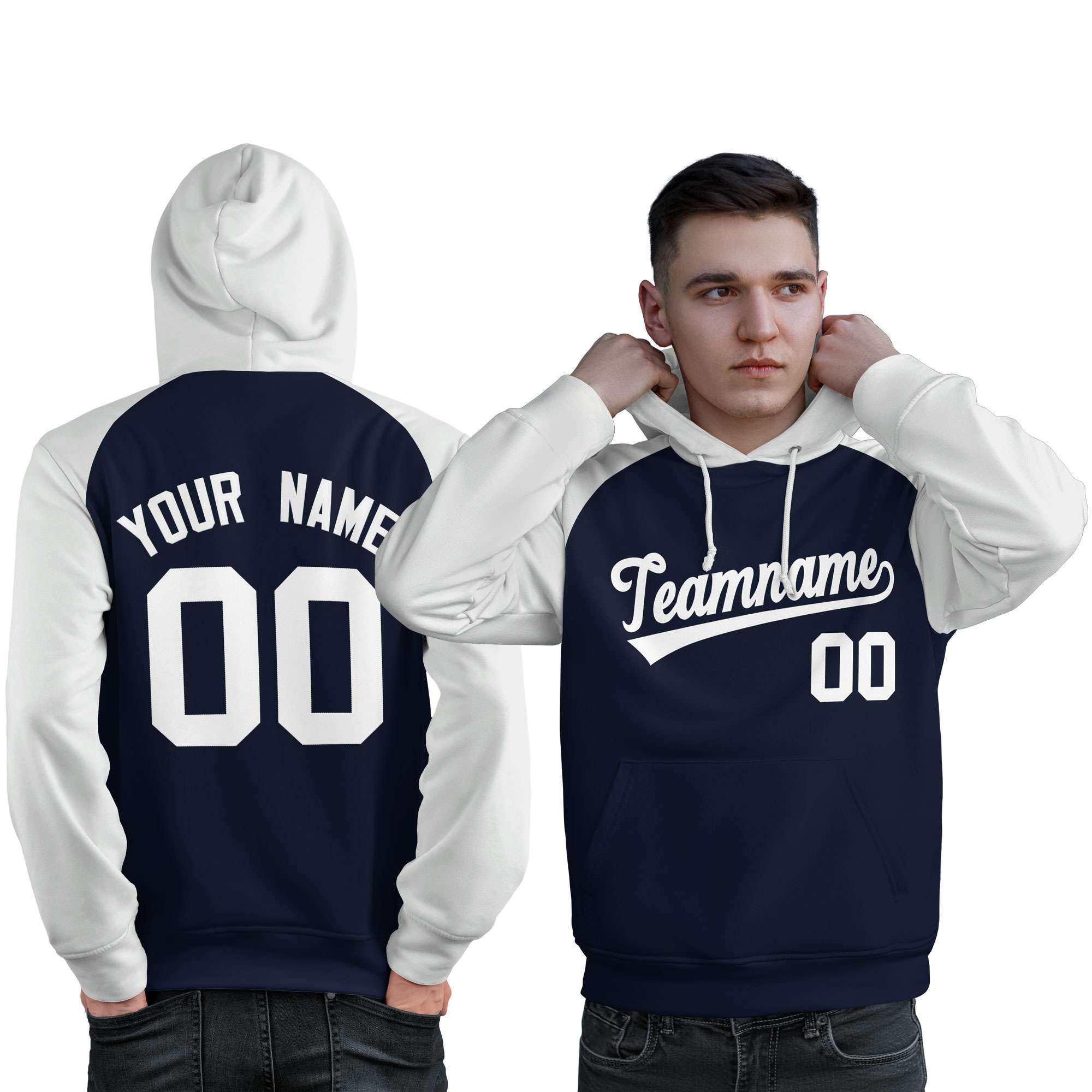 Custom Stitched Navy White Raglan Sleeves Sports Pullover Sweatshirt Hoodie For Men