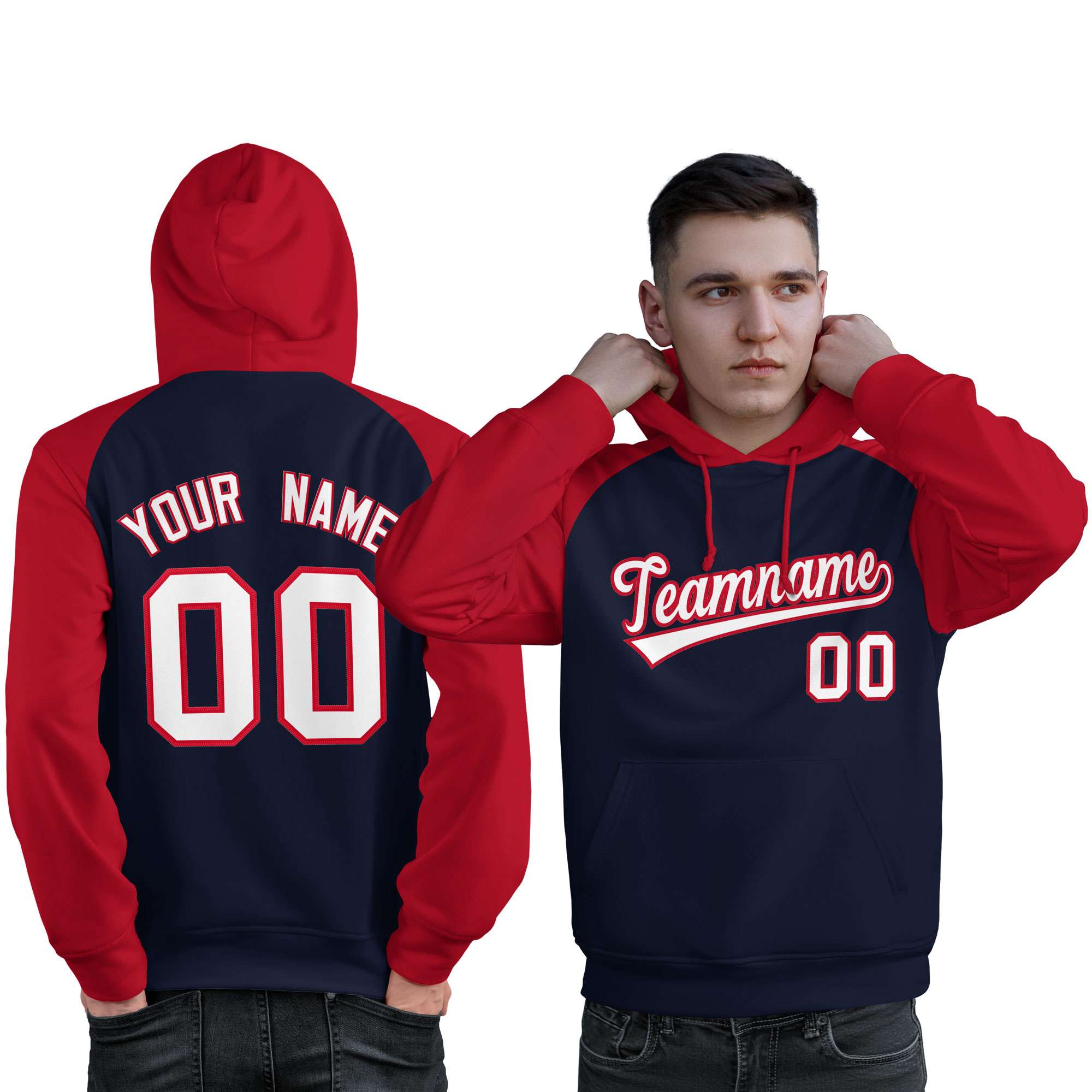 Custom Stitched Navy Red-White Raglan Sleeves Sports Pullover Sweatshirt Hoodie For Men