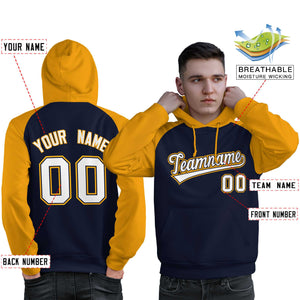 Custom Stitched Navy Gold-White Raglan Sleeves Sports Pullover Sweatshirt Hoodie For Men