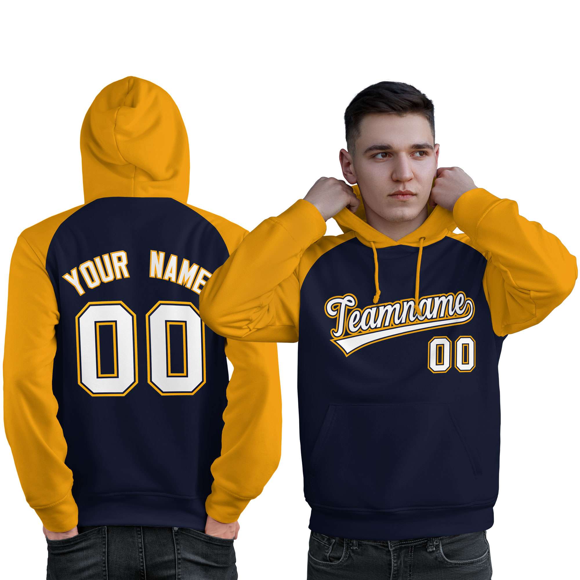 Custom Stitched Navy Gold-White Raglan Sleeves Sports Pullover Sweatshirt Hoodie For Men