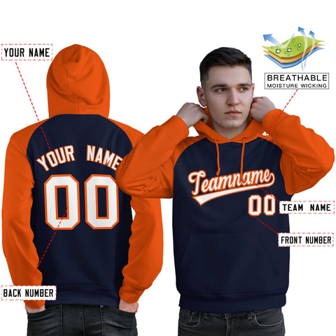 Custom Stitched Navy Orange-White Raglan Sleeves Sports Pullover Sweatshirt Hoodie For Men