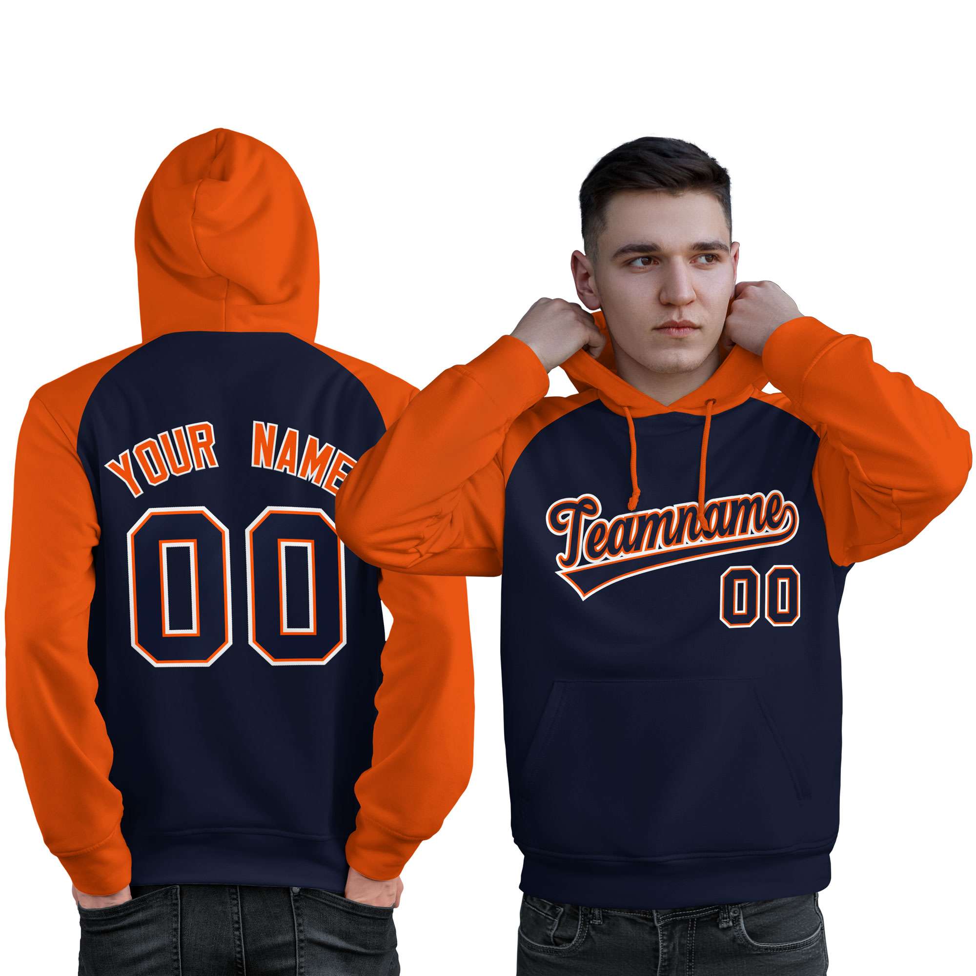 Custom Stitched Navy Orange Raglan Sleeves Sports Pullover Sweatshirt Hoodie For Men