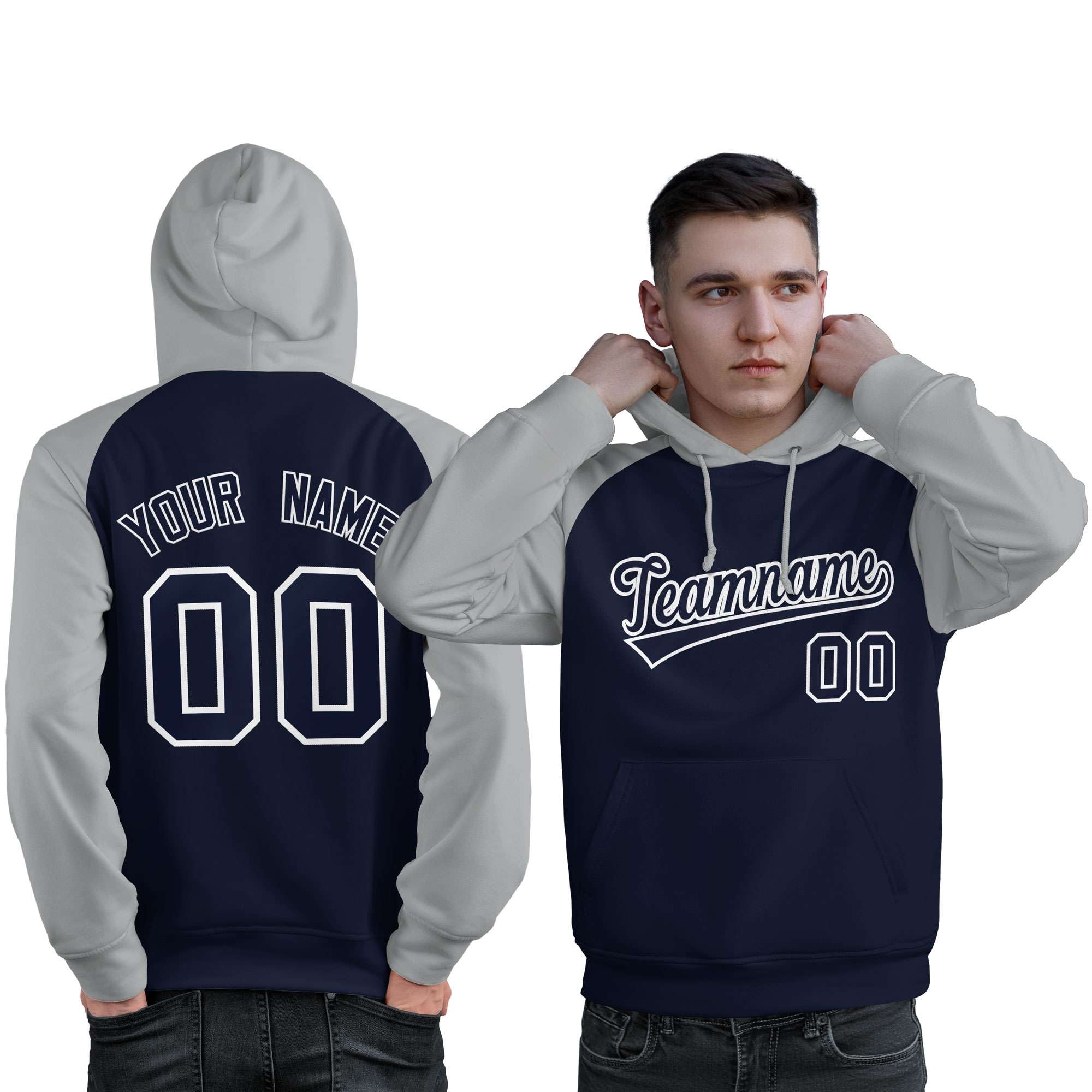 Custom Stitched Navy Gray Raglan Sleeves Sports Pullover Sweatshirt Hoodie For Men