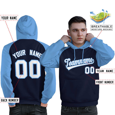 Custom Stitched Navy Powder Blue-White Raglan Sleeves Sports Pullover Sweatshirt Hoodie For Men