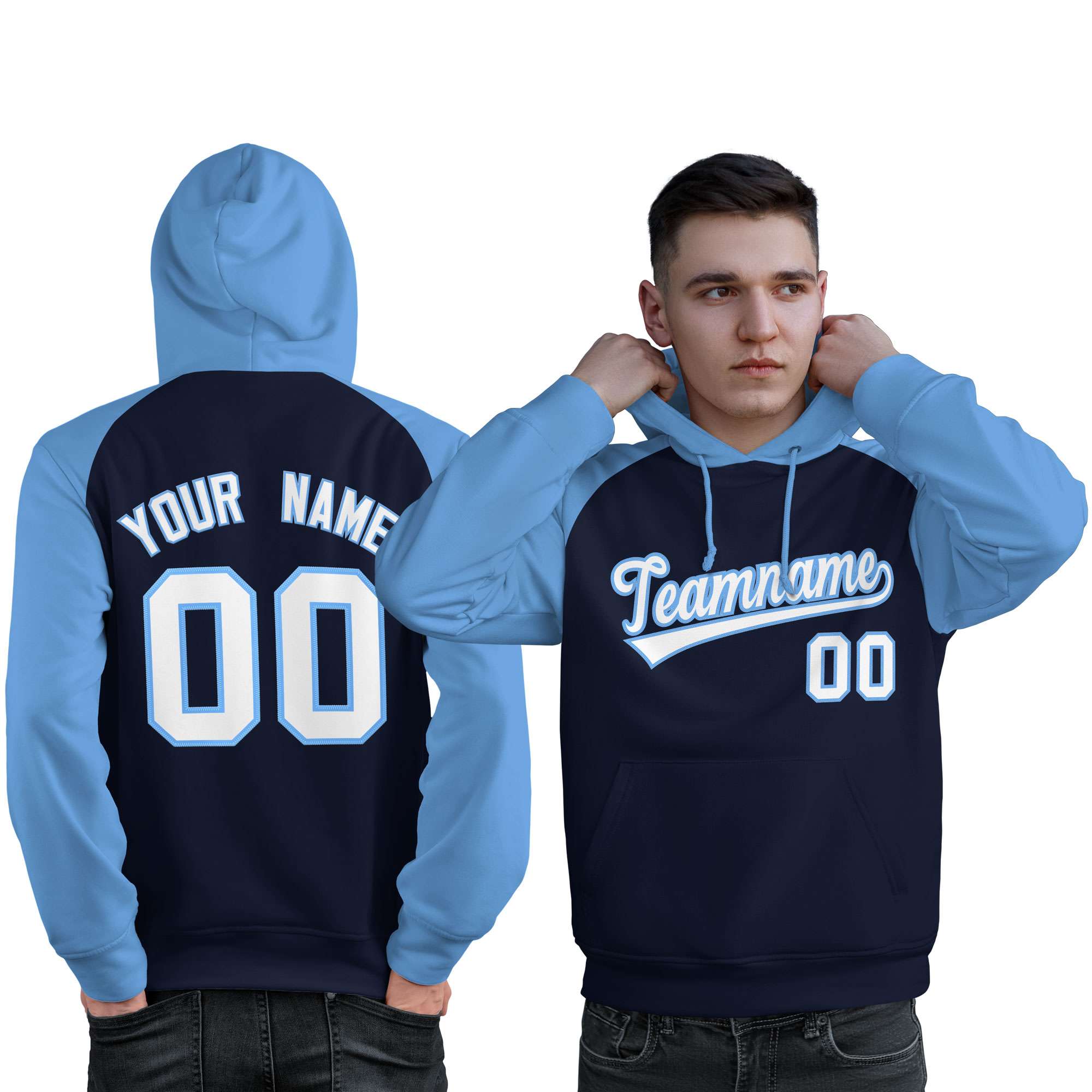 Custom Stitched Navy Powder Blue-White Raglan Sleeves Sports Pullover Sweatshirt Hoodie For Men