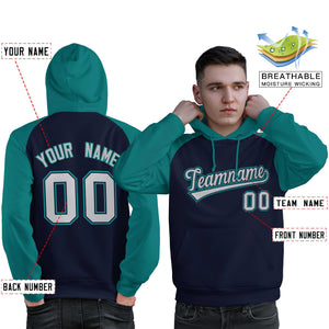 Custom Stitched Navy Aqua-Gray Raglan Sleeves Sports Pullover Sweatshirt Hoodie For Men