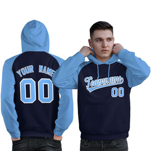 Custom Stitched Navy Powder Blue Raglan Sleeves Sports Pullover Sweatshirt Hoodie For Men