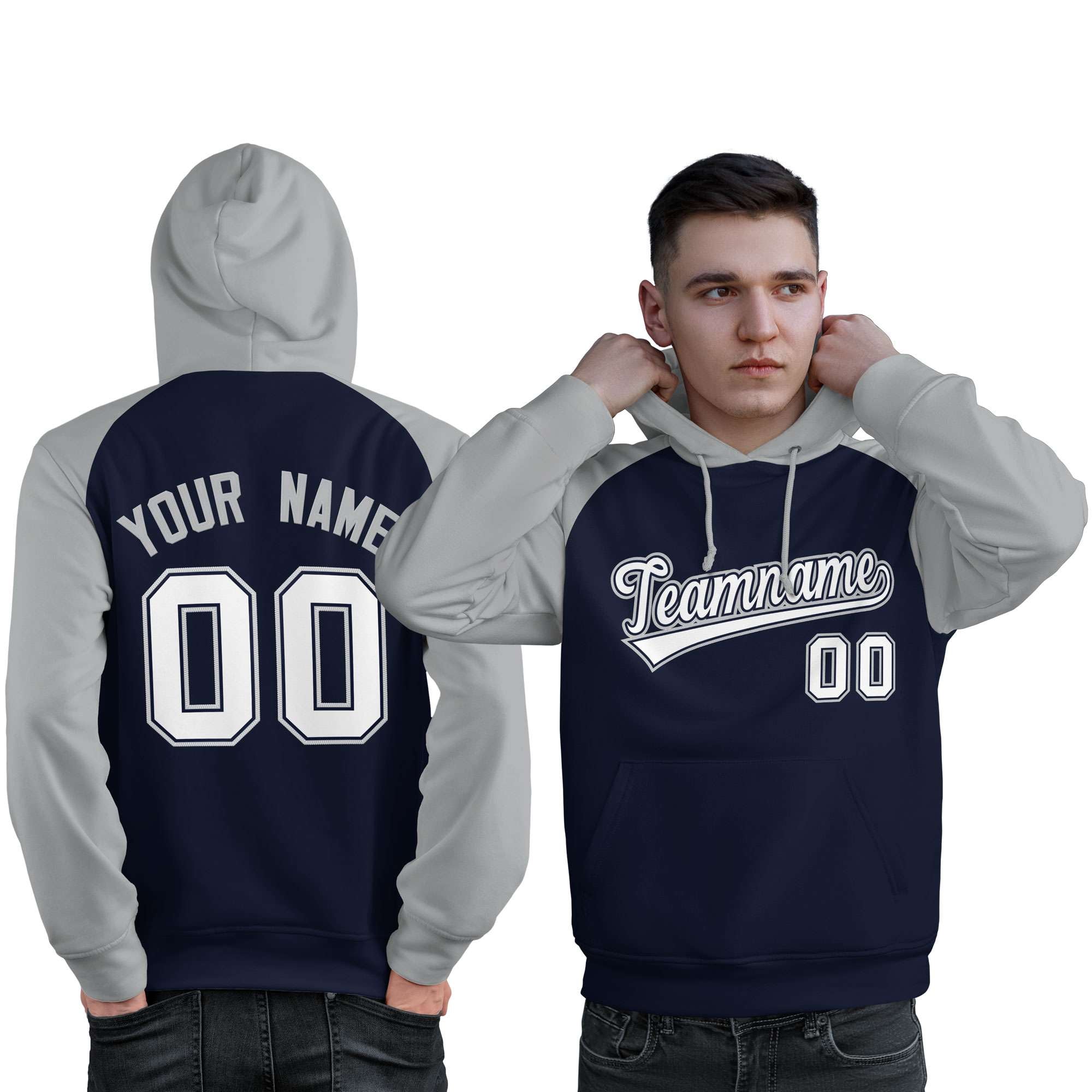 Custom Stitched Navy Gray-White Raglan Sleeves Sports Pullover Sweatshirt Hoodie For Men